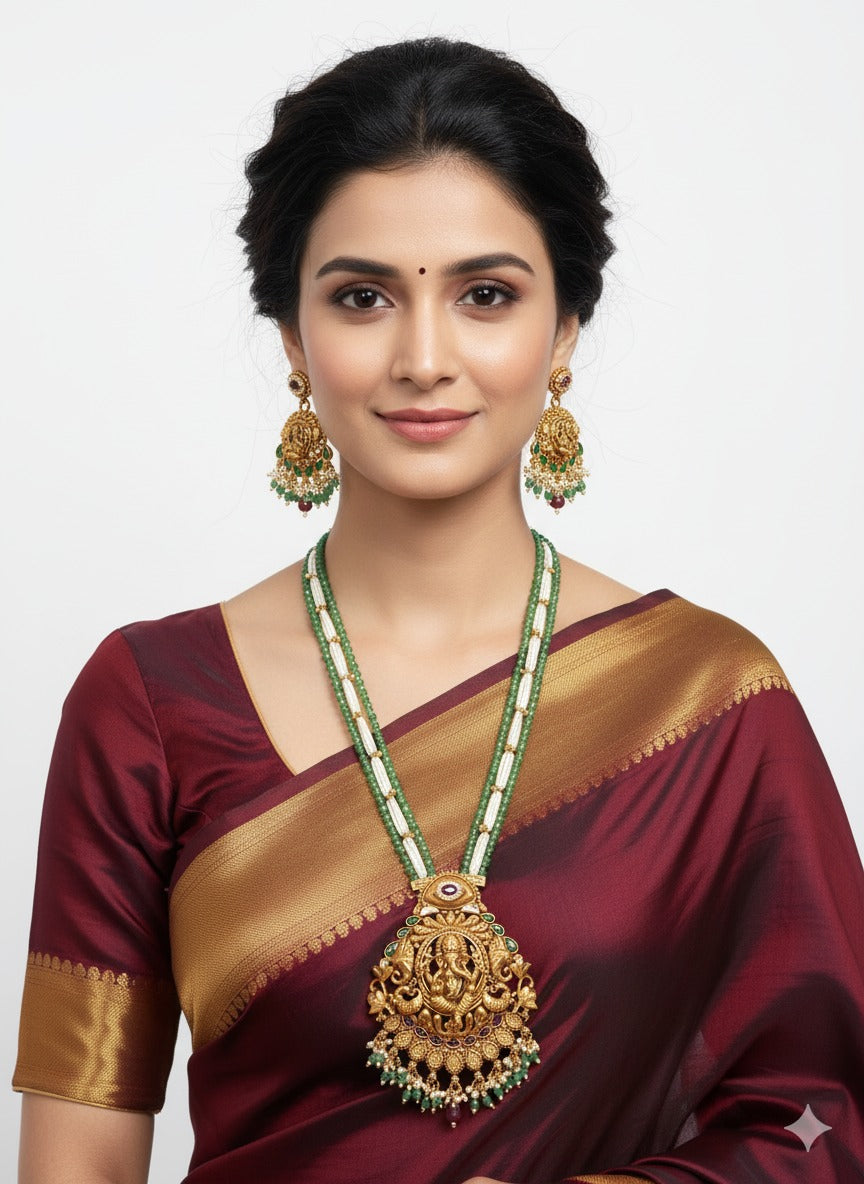 Antique Long Lord Ganpati Temple Jewellery Necklace Set