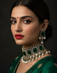 Modern Dual Tone Green Emerald Victorian Bridal Choker Necklace Set