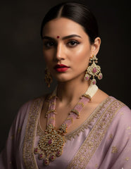 Swarnika Pink Long Polki Kundan Necklace Set For Weddings