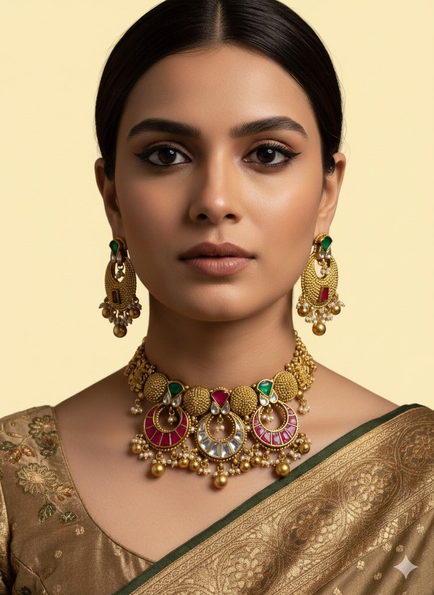 Neelima Artificial Short Antique Gold Necklace Set | Antique Kundan Jewellery