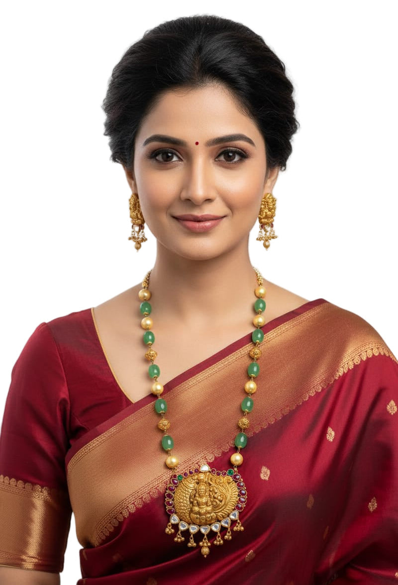 Goddess Lakshmi Temple Jewellery Necklac Set With Jade Beads Ganthan Mala