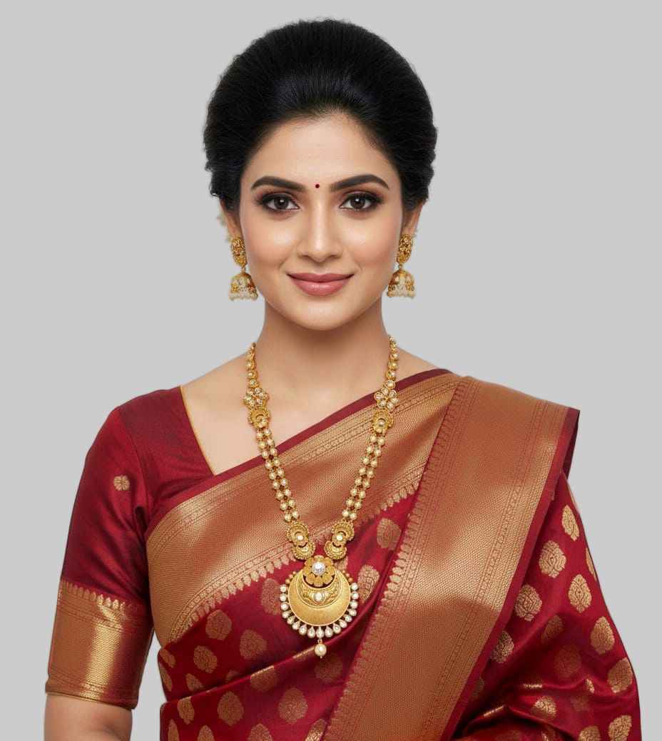 Gold Plated Studded Kundan Long Golden Necklace Set - Artificial Antique Gold Jewelry