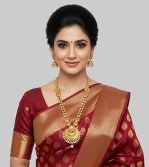 Gold Plated Studded Kundan Long Golden Necklace Set - Artificial Antique Gold Jewelry