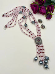 Designer Multi-Layered Long Pink Gemstone Beaded Necklace For Women