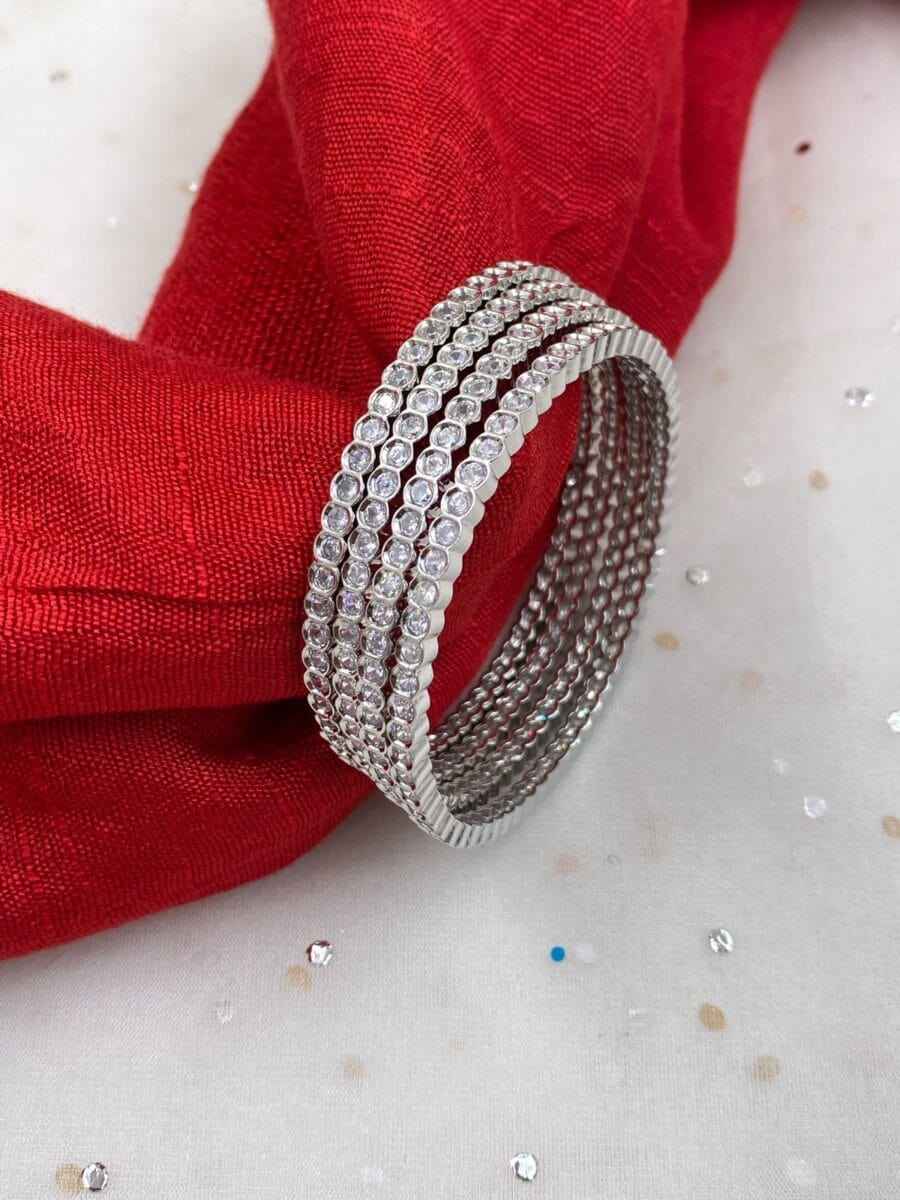 American Diamond Studded Silver Rhodium Plated CZ Bangles (Set Of 4)