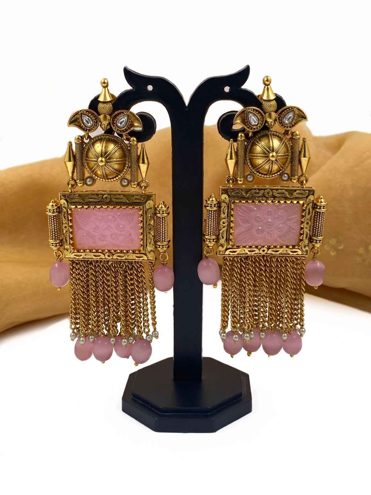 Gold Plated Party Wear Antique Long Earrings For Ladies