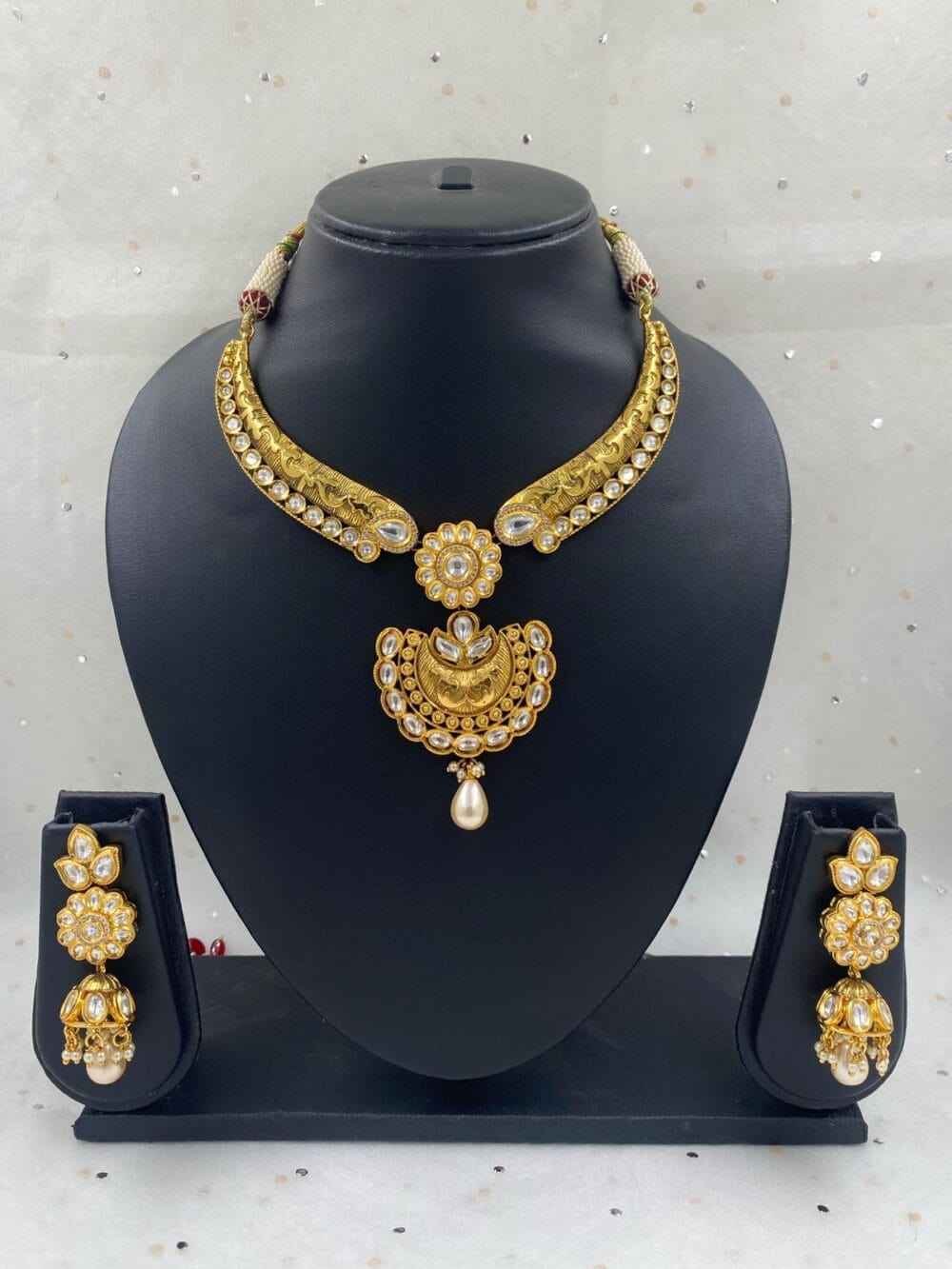 Antique Golden Kundan Necklace Set For Weddings By Gehna Shop