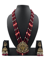 Antique Victorian Lakshmi Devi Pendant Haram Necklace Set With Layered Natural Red Color Jade Beads