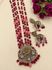 Antique Victorian Lakshmi Devi Pendant Haram Necklace Set With Layered Natural red color Jade Beads