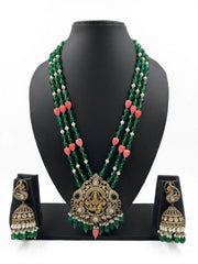 Antique Victorian Lakshmi Devi Pendant Haram Necklace Set With Layered Natural Green Color Jade Beads