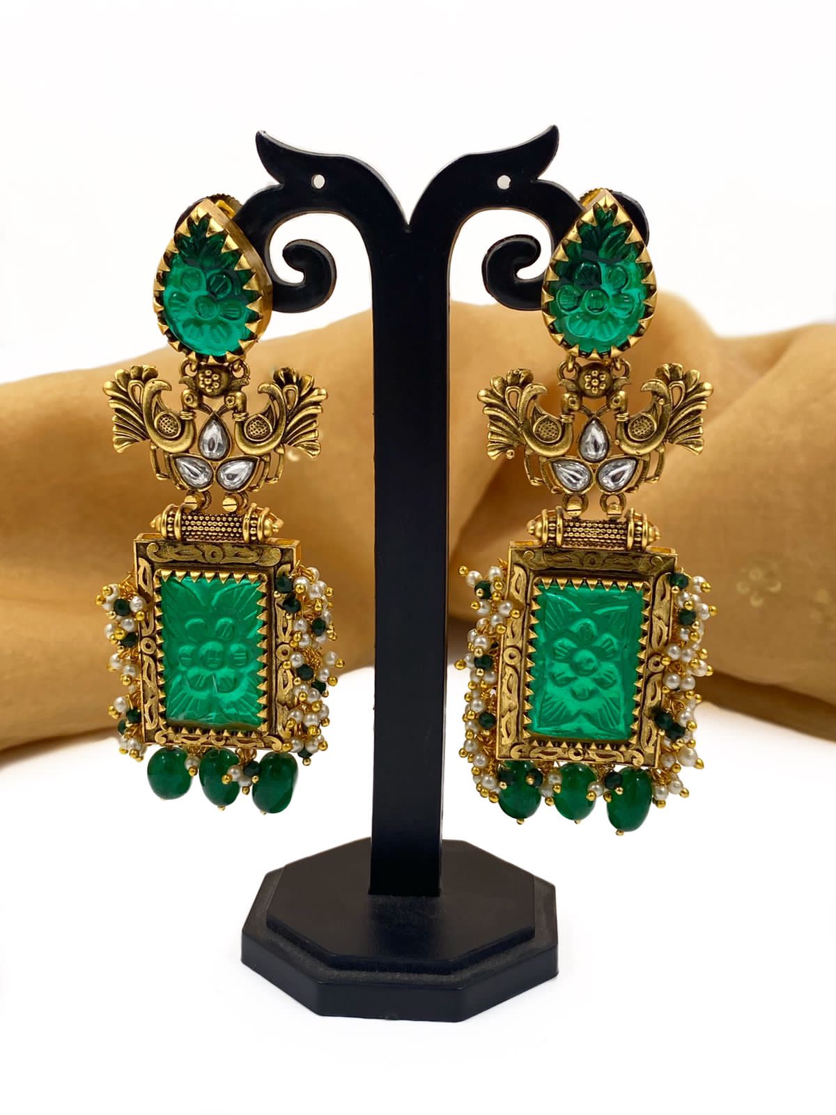 Contemporary Gold Plated Designer Antique Long Green Stone Earrings By Gehna Shop Earrings