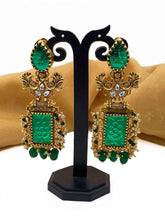 Gold Plated Designer Antique Long Green Stone Earrings