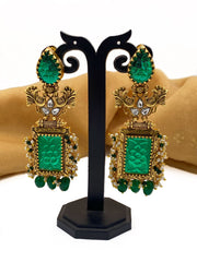 Contemporary Gold Plated Designer Antique Long Green Stone Earrings By Gehna Shop Earrings