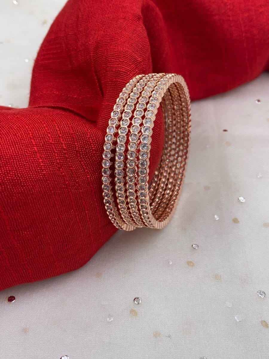 CZ Single Line American Diamond Rose Gold Bangles By Gehna Shop (Set Of 4)