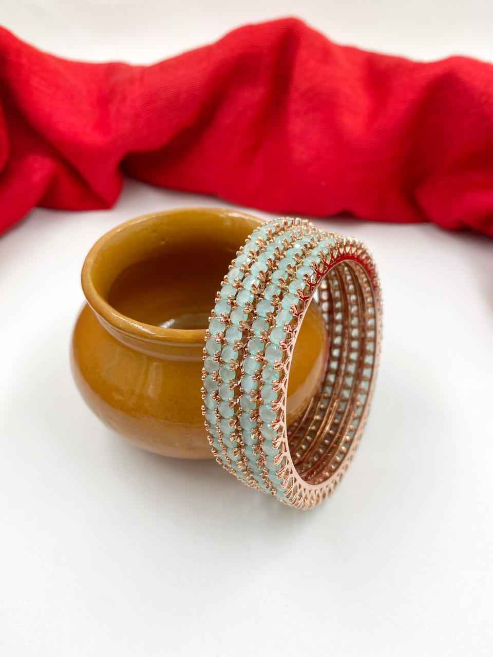 CZ Single Line Mint Green Color American Diamond Bangles By Gehna Shop (Set Of 4)