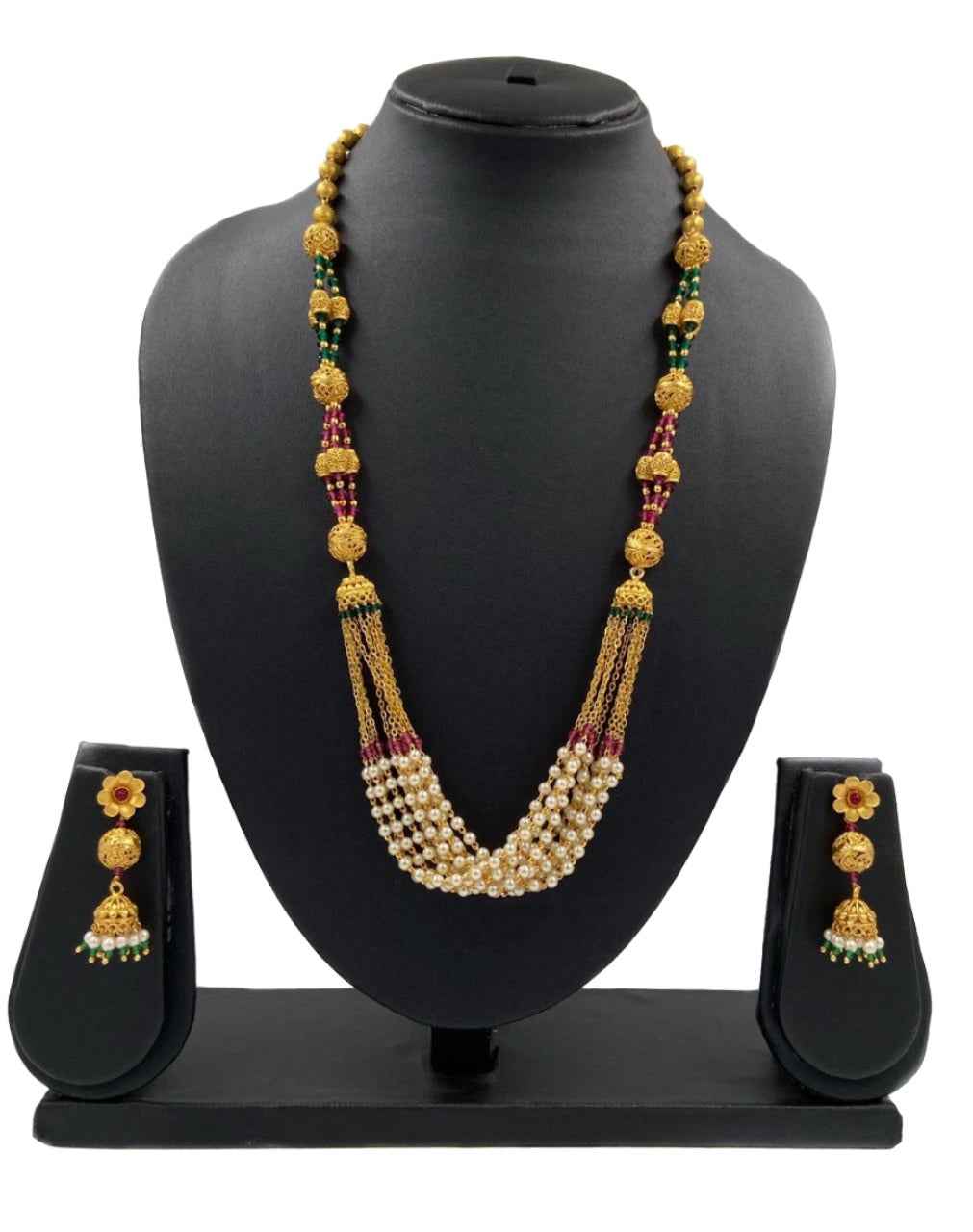 Designer Antique Gold Plated Long Golden Chains Pearls Beaded Necklace Set