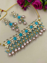 Statement Aqua Blue Uncut Polki Kundan Choker Necklace Set - Indo Western Choker Jewelry