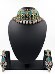 Statement Aqua Blue Uncut Polki Kundan Choker Necklace Set - Indo Western Choker Jewelry