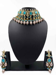 Statement Aqua Blue Uncut Polki Kundan Choker Necklace Set - Indo Western Choker Jewelry