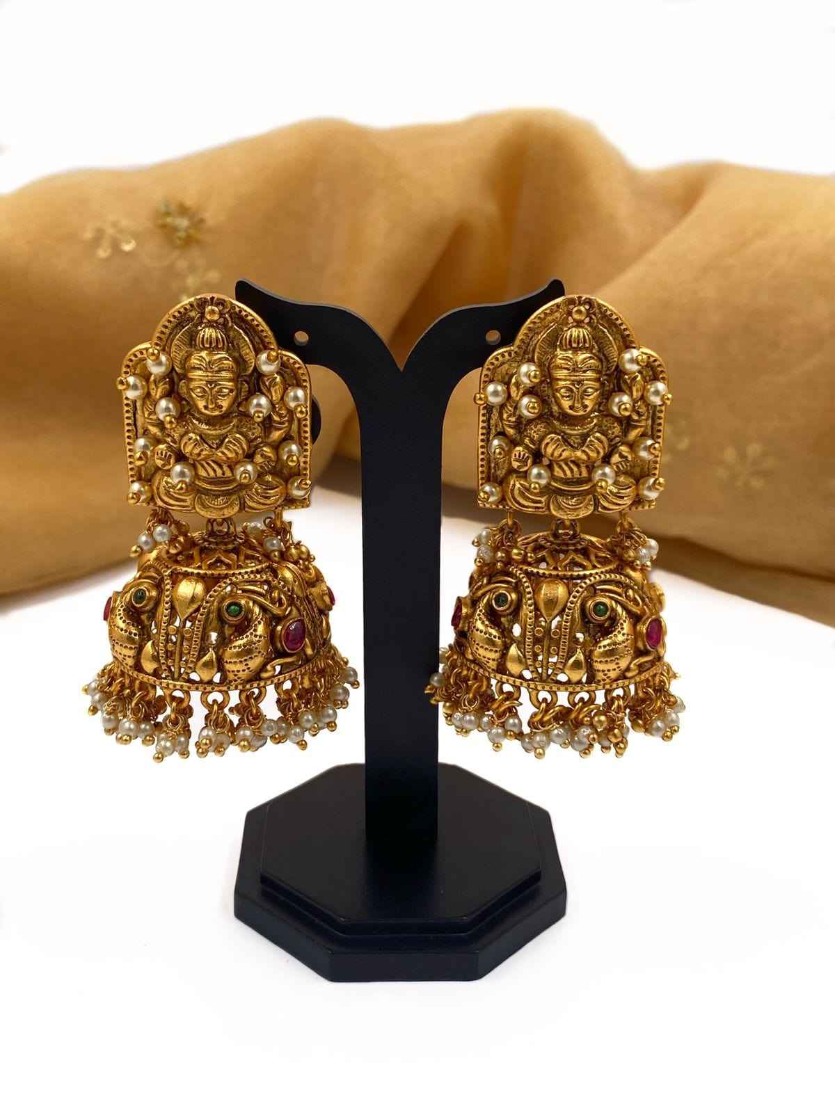 Artificial Gold Plated Antique Golden Goddess Lakshmi Jhumka Earrings