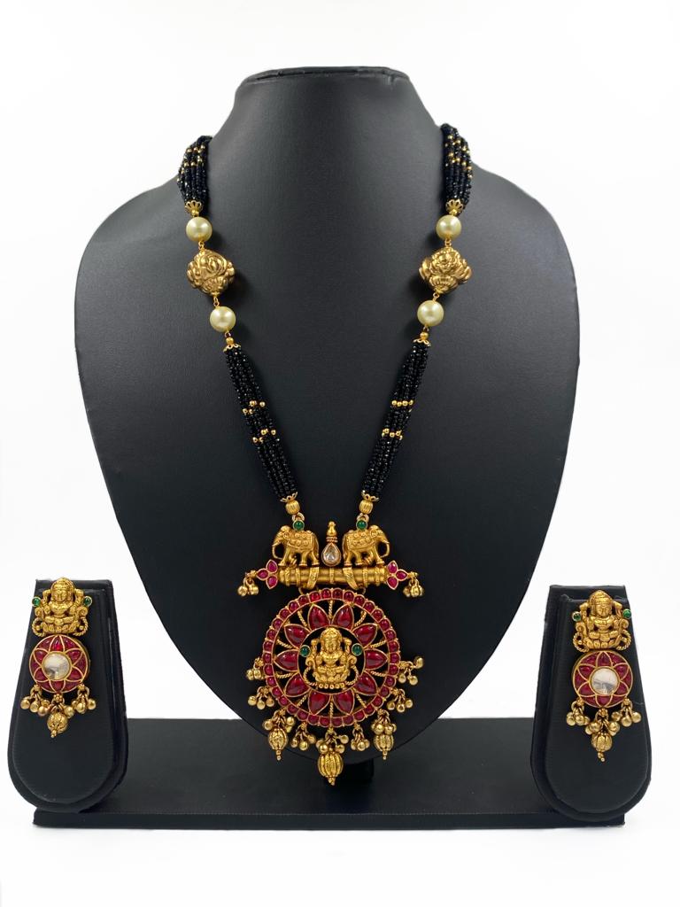 Designer Gold Plated Goddess Lakshmi Long Temple Necklace Set with black beads