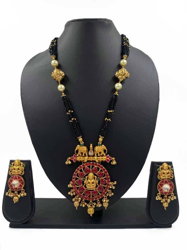 Designer Gold Plated Goddess Lakshmi Long Temple Necklace Set For Women
