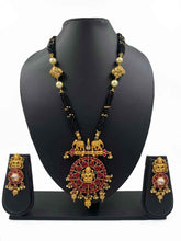 Designer Gold Plated Goddess Lakshmi Long Temple Necklace Set For Women