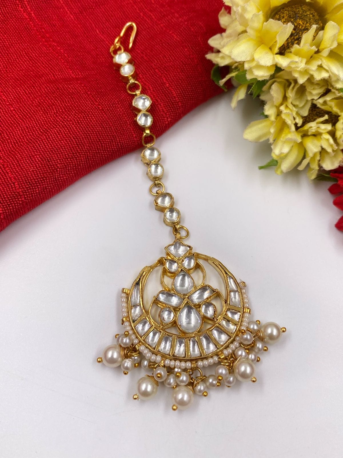 Designer Gold Plated Jadau Kundan And Pearl Maang Tikka For Ladies By Gehna Shop Maang Tikka