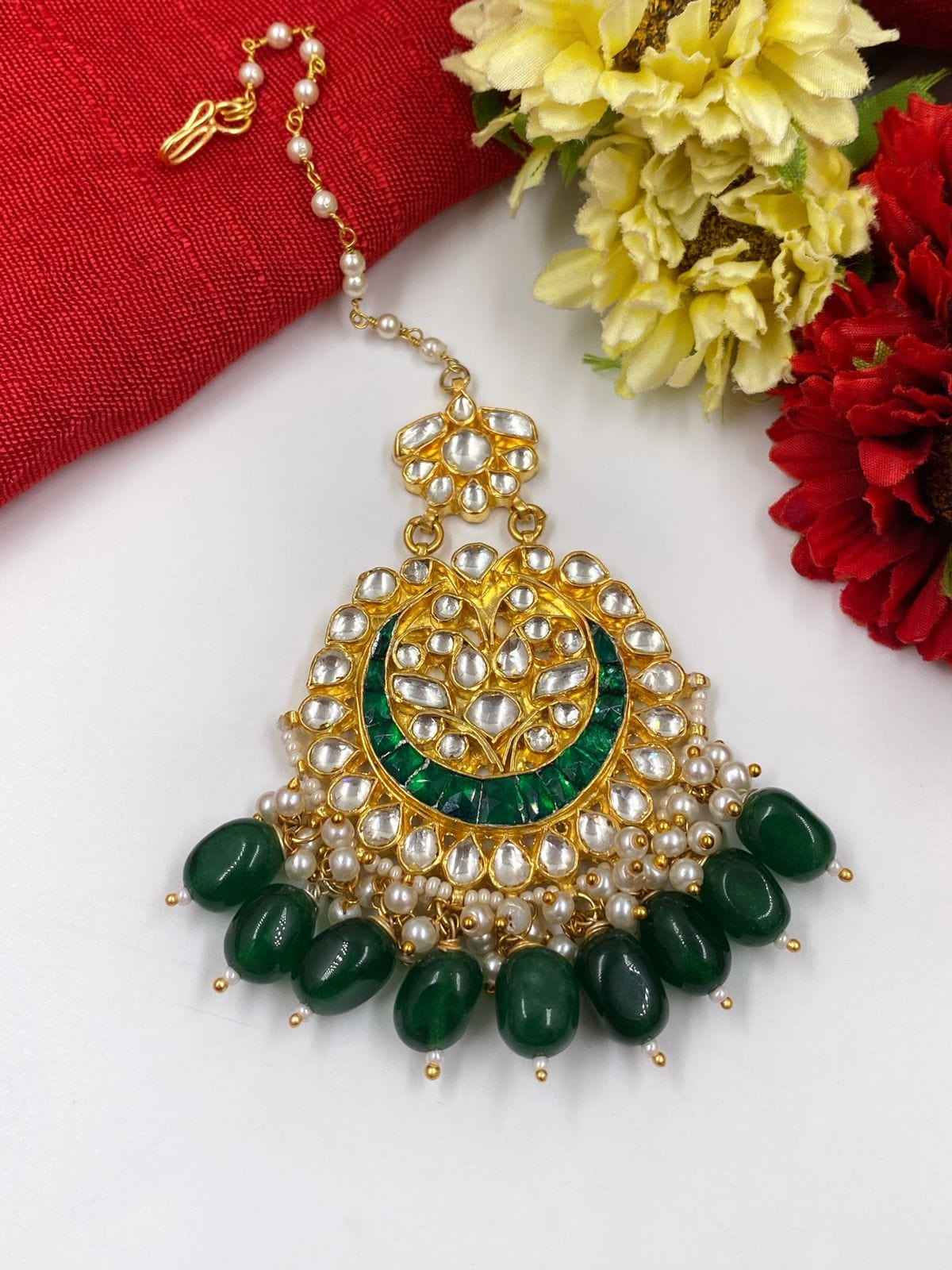 Designer Gold Plated Jadau Kundan And Pearl Maang Tikka For Ladies By Gehna Shop