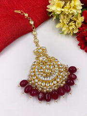 Designer Gold Plated Jadau Kundan And Pearl Maang Tikka For Ladies By Gehna Shop (Red) Maang Tikka