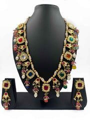 Designer Gold Plated Long Multi Color Jadau Kundan Necklace - Elegant Ethnic Jewlery For Women