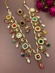 Designer Gold Plated Long Multi Color Jadau Kundan Necklace - Elegant Ethnic Jewlery For Women
