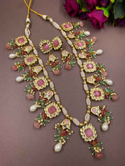 Designer Gold Plated Long Multi Color Jadau Kundan Necklace - Elegant Ethnic Jewlery For Women