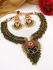 Traditional Gold Plated Peacock Design Antique Temple Necklace Set For Women - Wedding & Festive Wear