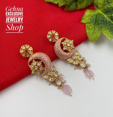 Designer Gold Plated Studded Kundan Pink Enamel Party Dangler Earrings Earrings