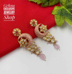 Designer Gold Plated Studded Kundan Pink Enamel Party Dangler Earrings