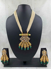 Designer Gold Toned Antique Kundan Pendant Wedding Necklace Set For Woman
