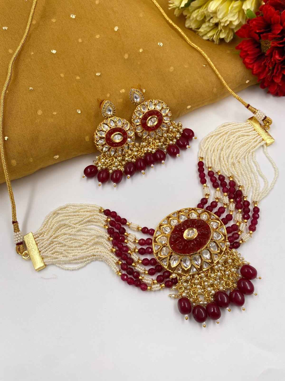 Designer Kundan And Pearls Beaded Choker Necklace Set For Women