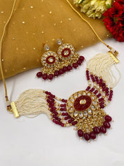 Designer Kundan And Pearls Beaded Choker Necklace Set For Women online | red choker