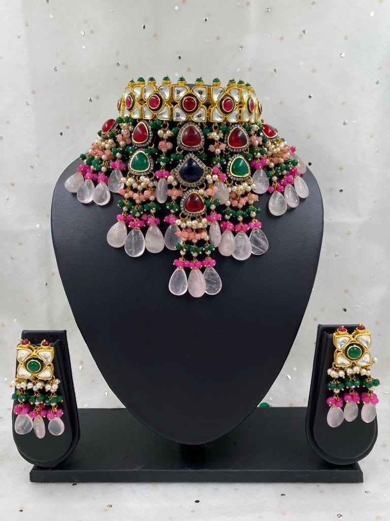 Designer Handmade Multi Color Kundan And Beads Choker Necklace Set For Ladies