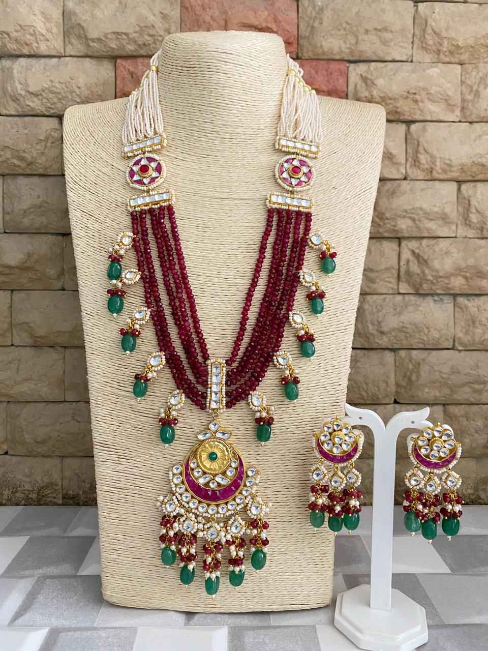 Designer Handmade Multi Layered Beaded Kundan Long Maroon Necklace Set