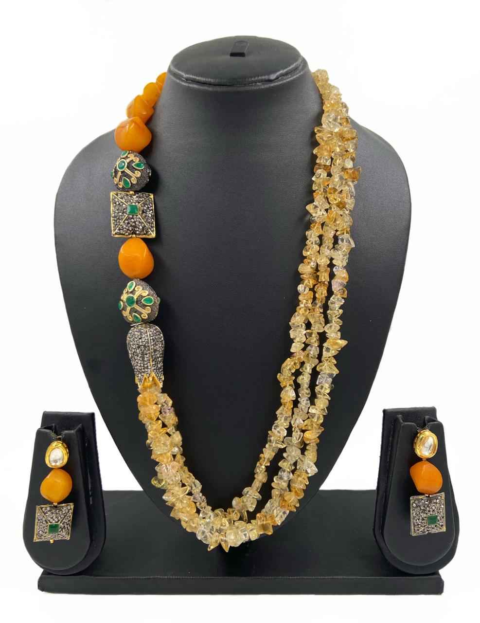 Designer Handmade Semi Precious Yellow Citrine Uncut Beads Necklace Set For Ladies