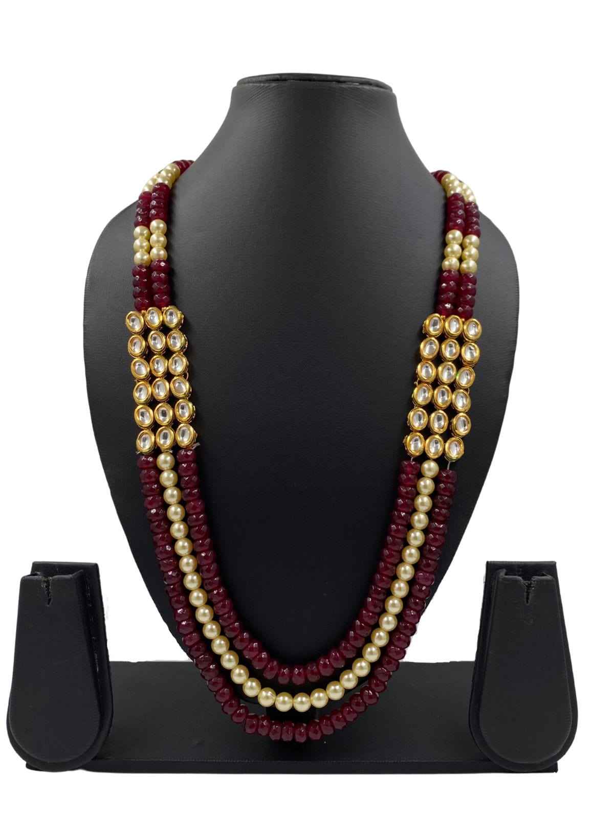 Designer Long Kundan And Ruby Pink Jade Beads Necklace For Men And Women