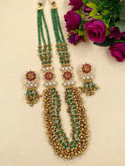 Designer Long Layered Green Beads Necklace With Ghungroo And Kundan Brooches