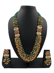Designer Long Layered Green Beads Necklace With Ghungroo And Kundan Brooches