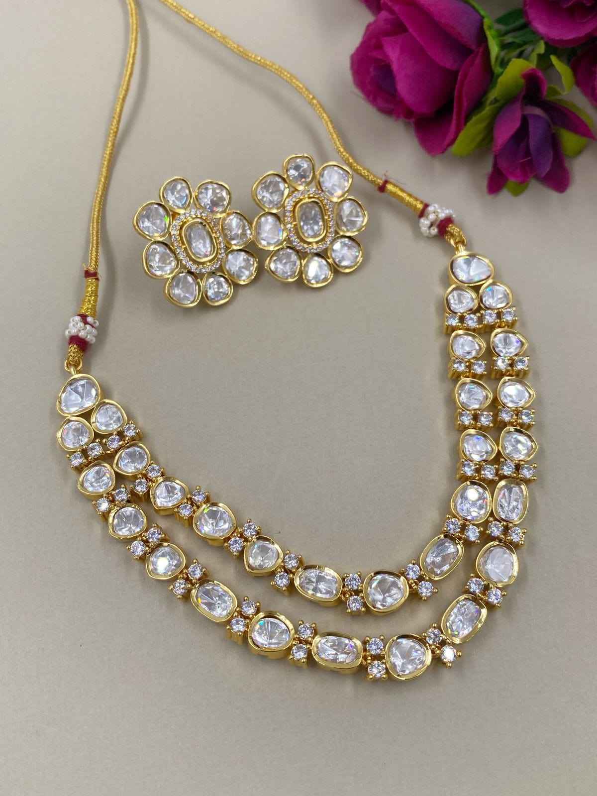 Designer Modern Double Layered Uncut Polki Necklace Set By Gehna Shop
