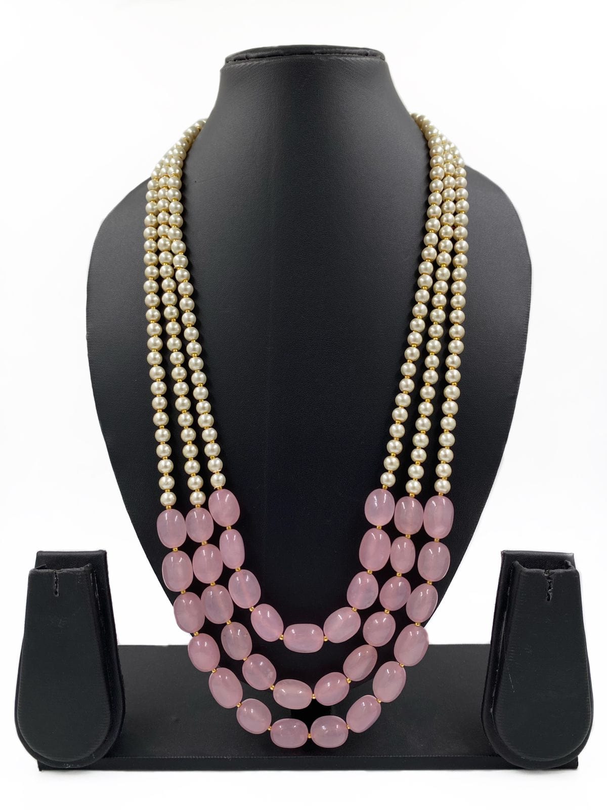 Multi Layered Pink Jade And Pearls Beaded Necklace For Grooms