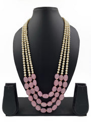 Multi Layered Pink Jade And Pearls Beaded Necklace For Grooms