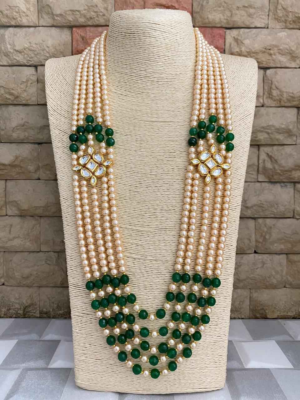 Unisex Multi Layered Long Kundan Brooch And Pearl Necklace For Sherwani