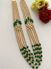 Designer Unisex Multi Layered Long Kundan Brooch And Pearls Necklace For Sherwani And Sarees